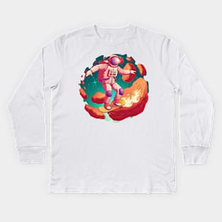 Astronaut in spacesuit riding skateboard Kids Long Sleeve T-Shirt